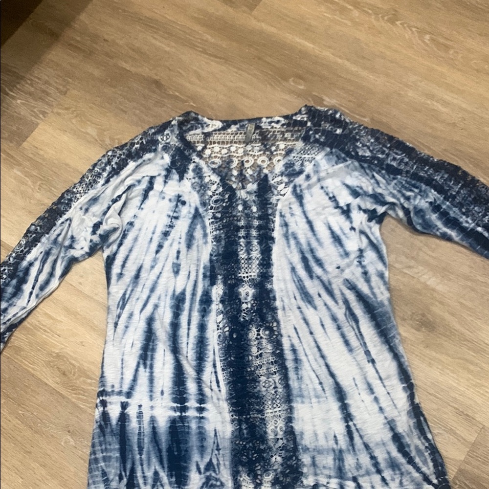 XCVI Blue and White Tie Front Blouse